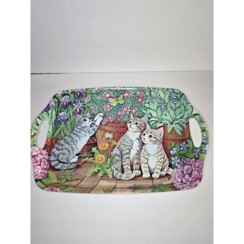 Melamine Ware Flowers/Felines Kittens Cats Rectangle Serving Tray Raised Edge